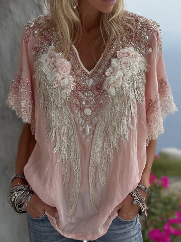 Women's Vintage Wing Rose Embroidery Art V Neck Short Sleeve T-shirt