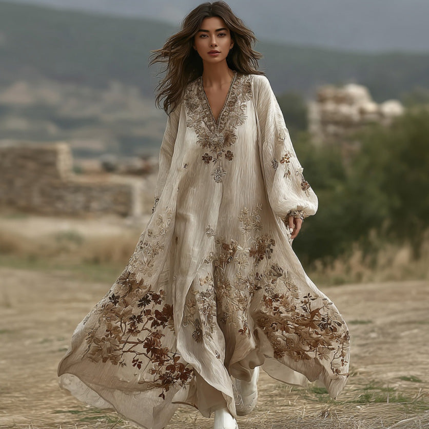 Women's Floral Embroidered Linen Long-sleeved Dress