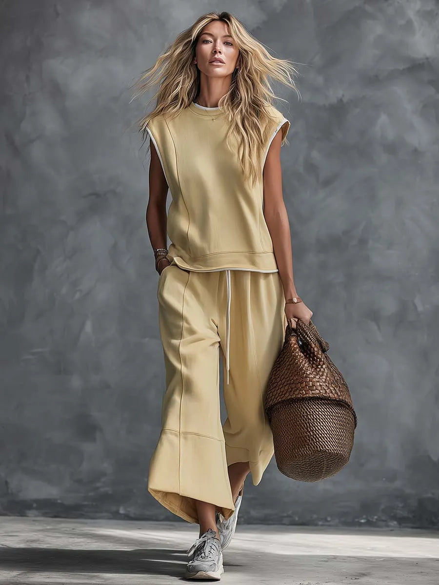 Retro-Casual Sports Light Yellow Cotton Crew-Neck Top And Cropped Pants Set