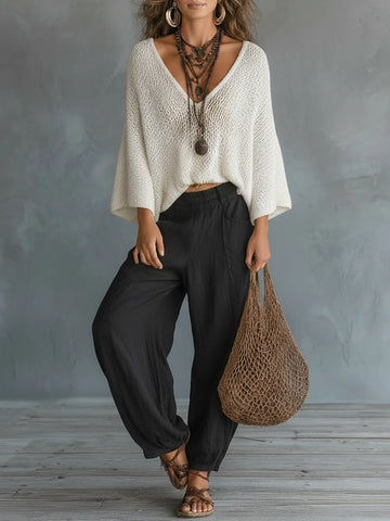 Women's Minimalist Lightweight Cape-sleeved Sweater And Harem Pants Set MDZ2685A8Y