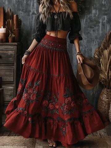 Vintage Classy Gradient  Floral Embroidered Art Linen Blend Casual Skirt