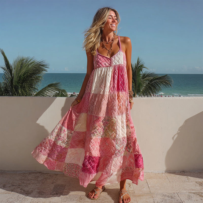 Women's Pink Geometric Patchwork Casual Long Dress