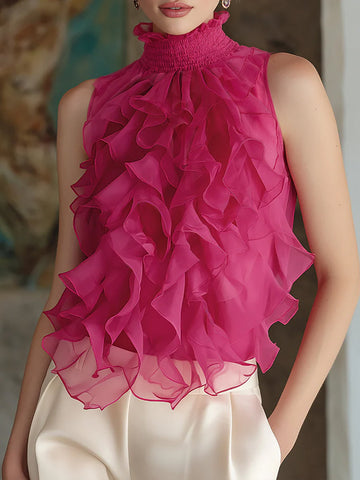 Ruffled High-Neck Sleeveless Chiffon Blouse