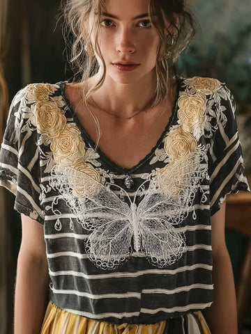 Butterfly Flower Embroidery Patchwork Striped Design Women's Summer Linen T-shirt