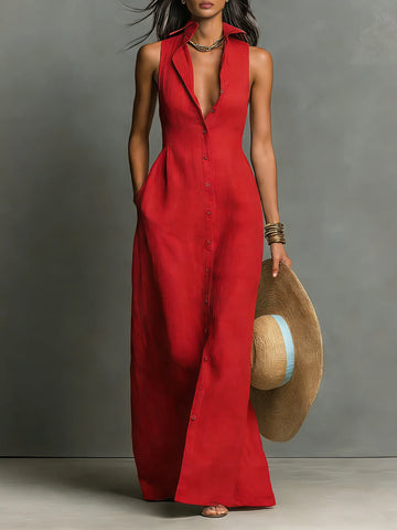 Women's Minimalist Linen-Blend Collared Single-Breasted Sleeveless Maxi Shirt Dress MDZ1011C0Y