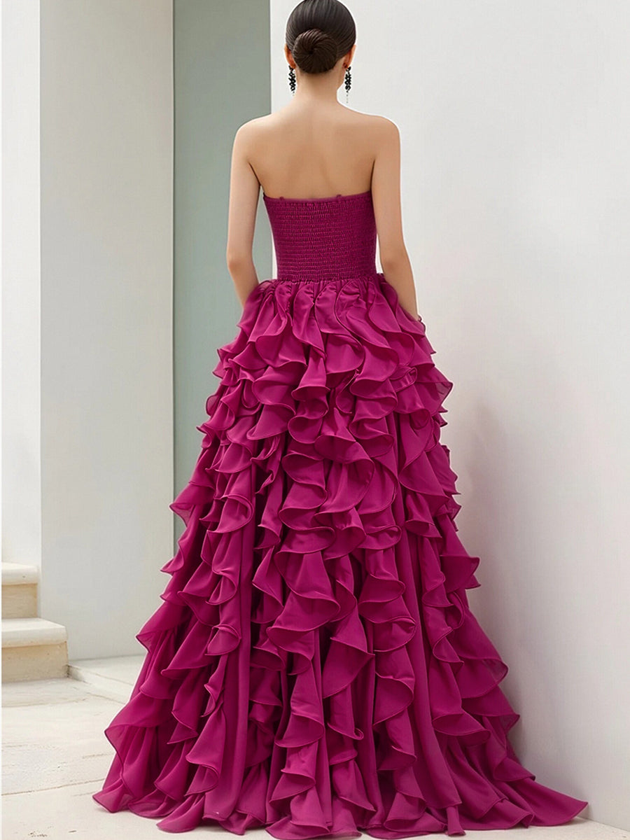 Strapless Magenta Ruffled Ball Gown
