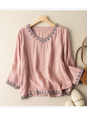 Women's Casual Cotton and Linen Embroidered Shirt