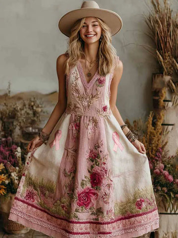 Vintage Classy Gradient Pink Roses Cancer Awareness Ribbon Embroidered Linen Maxi Dress