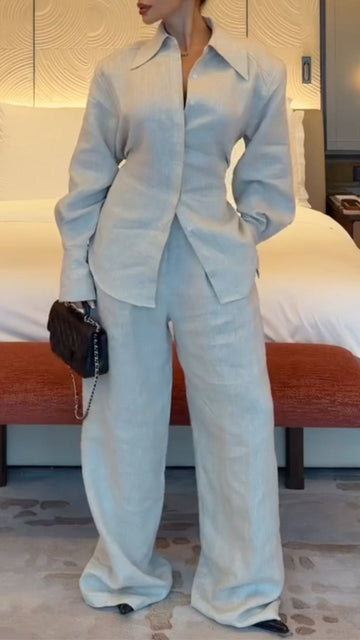 Women's Lapel Linen Fitted Wide-Leg Suit