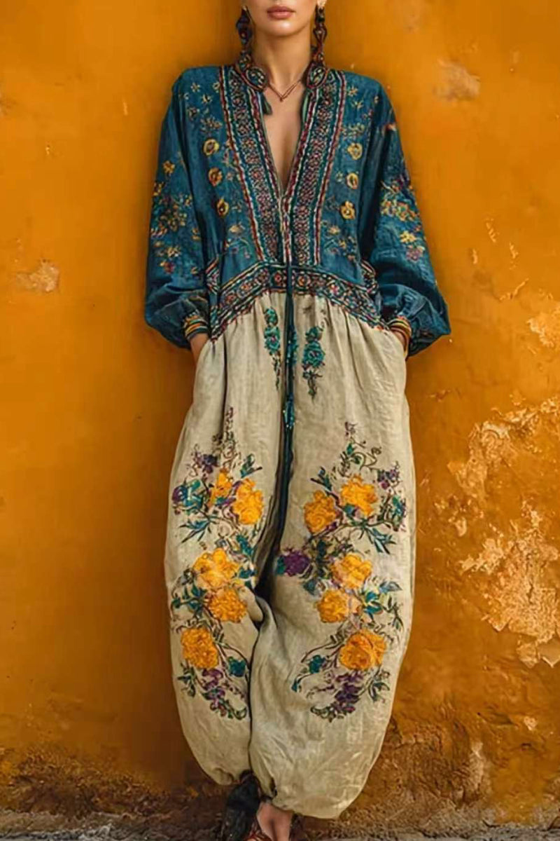 Ethnic Embroidery Cotton Linen Loose Jumpsuit
