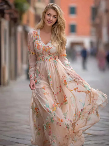 Women's Floral Art Print Linen V-neck Long Sleeve Dress
