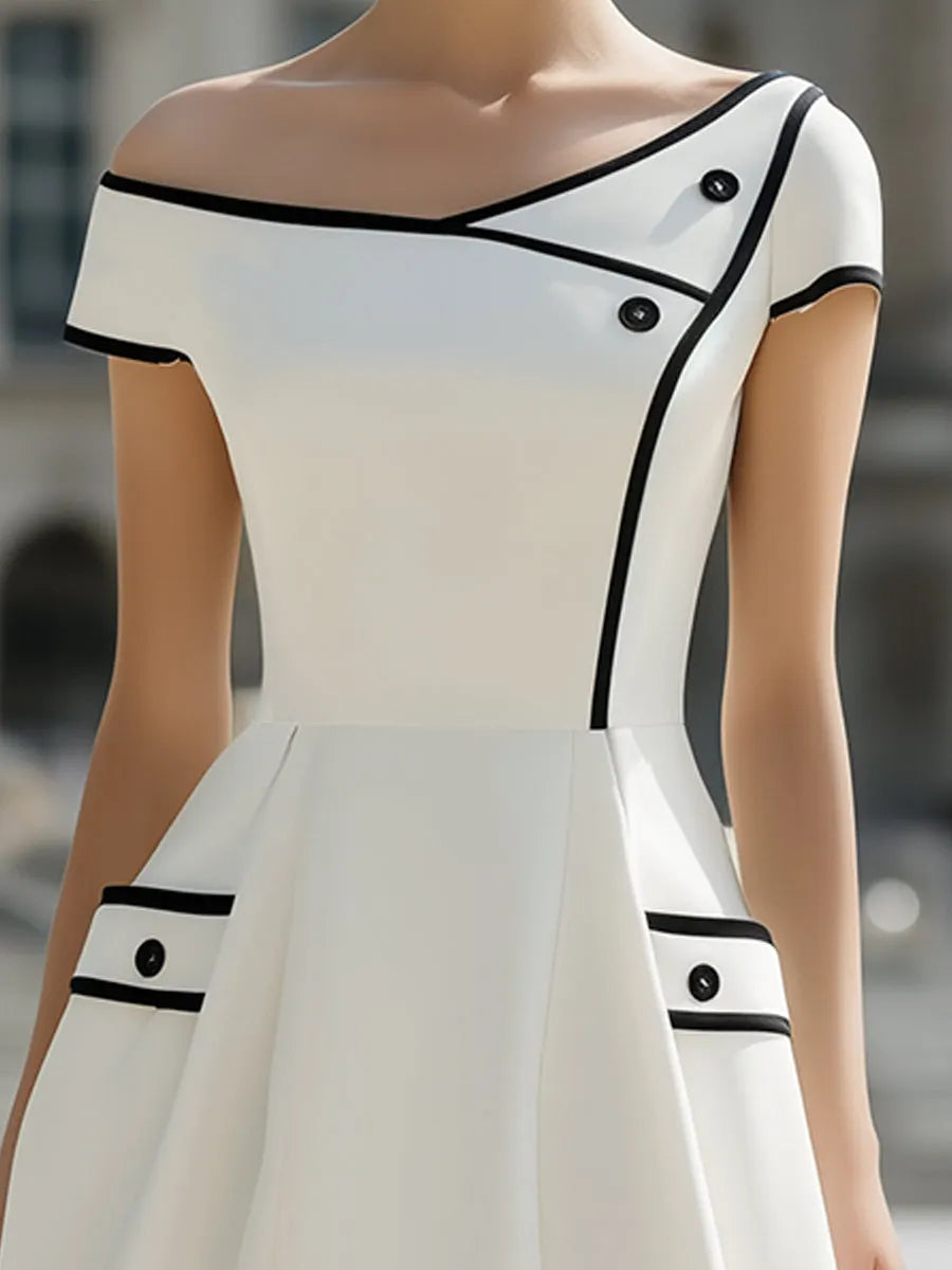 Contrast Trim Off-Shoulder Structured A-Line Dress