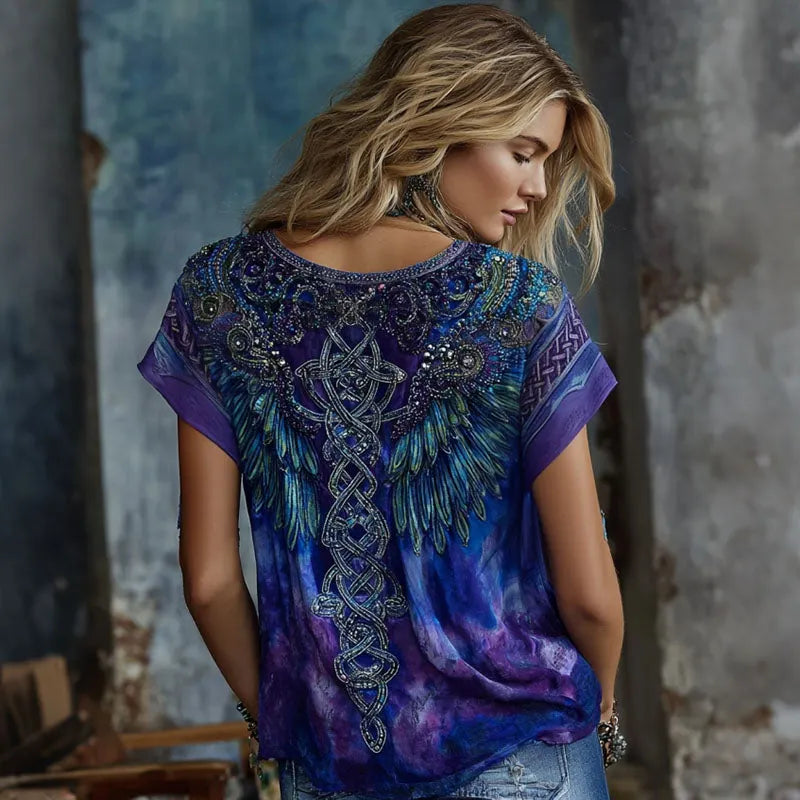 Women's Vintage Wings Floral Pattern Casual Crew Neck T-shirt