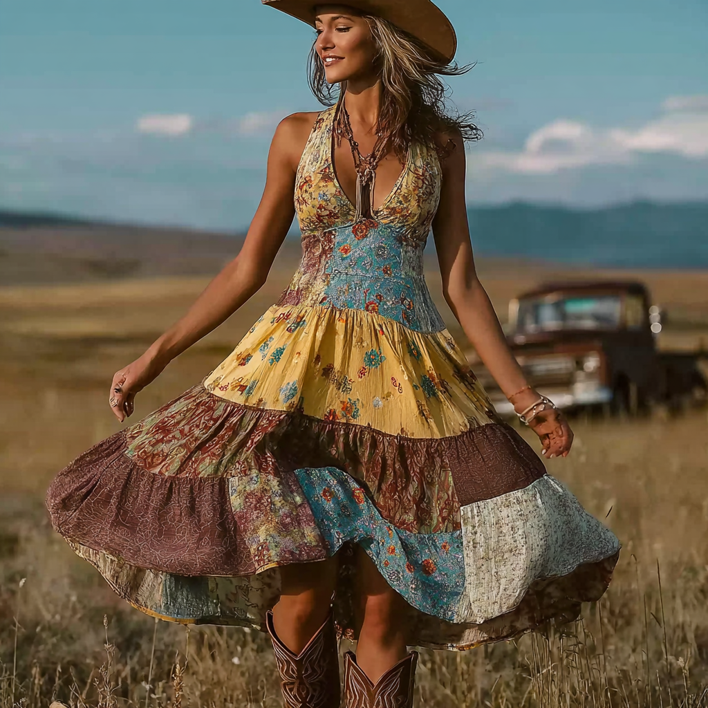 Retro Plant Flower Pattern Color Block Design Dress