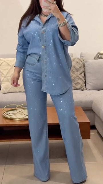 Light Blue Rhinestone Embellished Denim Shirt Wide Leg Pants Set