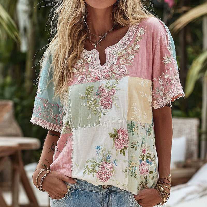 Women's Boho Floral Patchwork V Neck Linen Blend Shirt