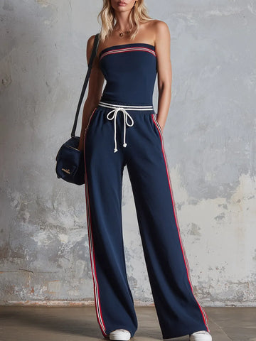 Retro-Sporty Striped-Trim Navy Cotton Off-Shoulder Jumpsuit