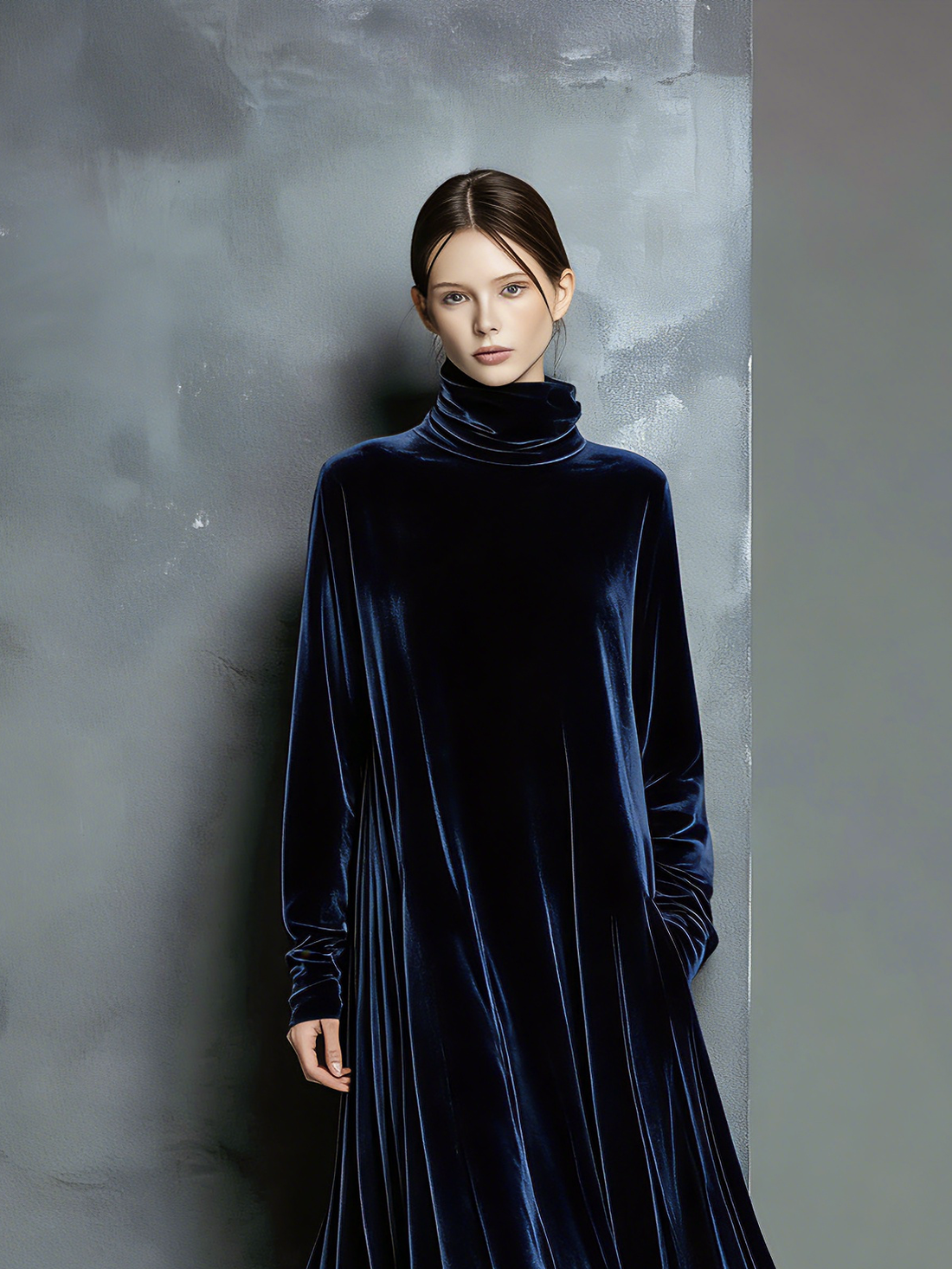 Women's Elegant Navy Blue Velvet High-neck Long-sleeved Loose-fitting Maxi Dress MDZ1680A8AN