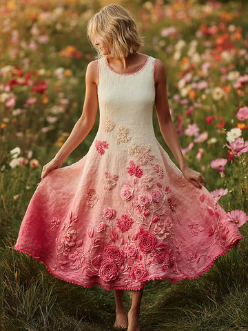 Stylish Pink Floral Embroidered Cozy Linen Tank Maxi Dress