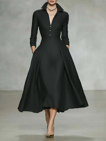 Women's Minimalist Linen-Blend Long-Sleeve Midi Dress With Collar And V-Neck MDZ1529F7WY