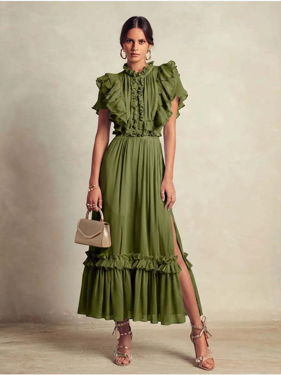 Women's Romantic Olive Green Chiffon Ruffled Short-Sleeved Fitted Waist Slit Long Dress MDZ1731D0GMJ