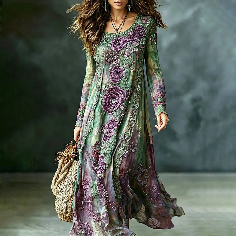 Women's Vintage Romantic Floral Art Linen Blend Round Neck Long Sleeve Maxi Dress