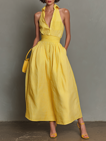 Women's Minimalist Striped Lapel Sleeveless Maxi Dress MDZ1099D5Y