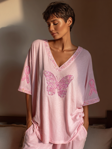 Women's Vintage Breast Cancer Awareness Butterfly Embroidered Short Sleeve T-shirt