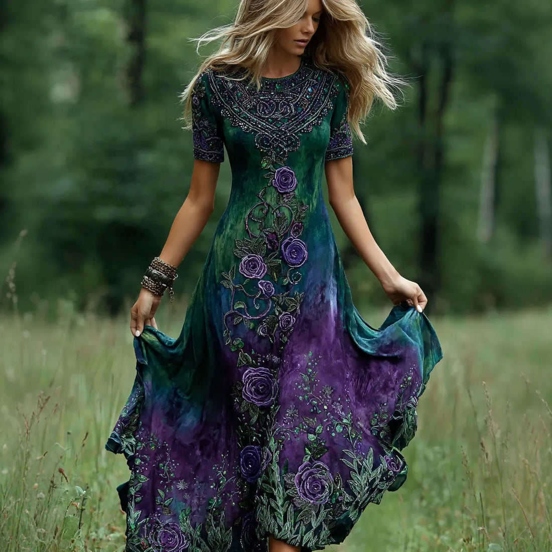 Women's Vintage Romantic Celtic Knot With Floral Art Linen Blend  V Neck Maxi Dress