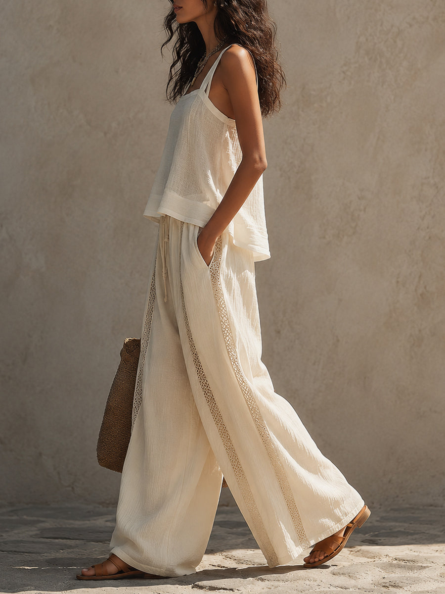 Boho Slub Linen Sleeveless Blouse & Lace-Trimmed Wide-Leg Pants Set