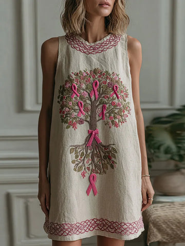 Women's Tree Of Life Pink Ribbon Embroidery Round Neck Vest Mini Dress