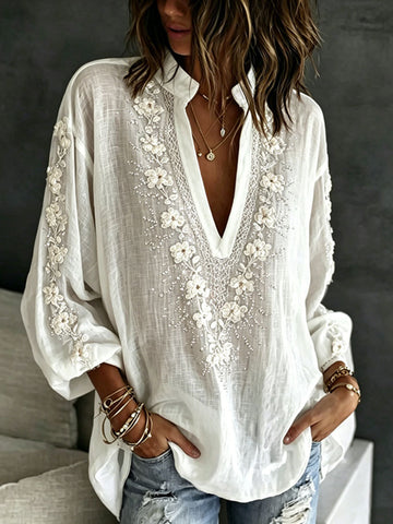 Women's Vintage Romantic White Rose Art Linen Blend Long Sleeve Tops