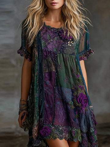 Women's Vintage Floral Art Linen Blend Short Sleeve Dress