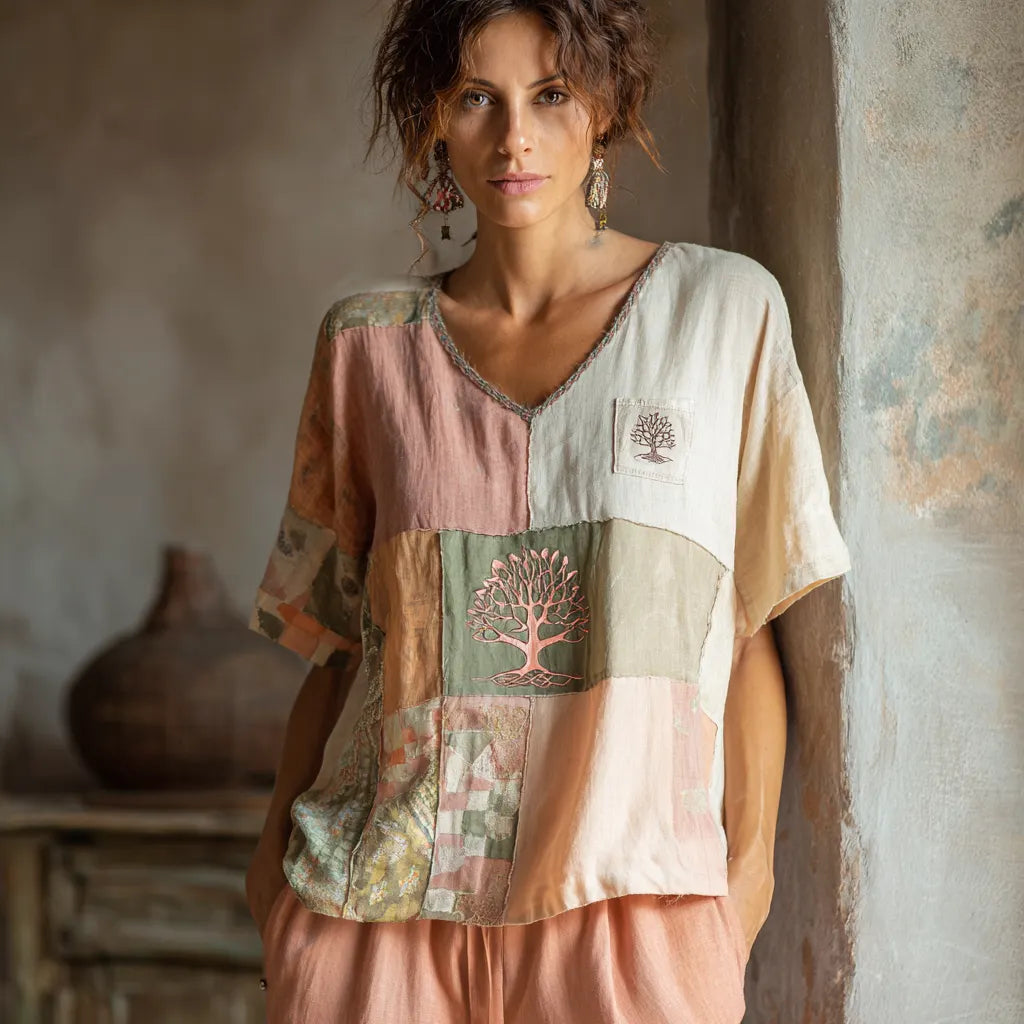 Women's Tree Of Life Pattern Linen V-neck T-shirt
