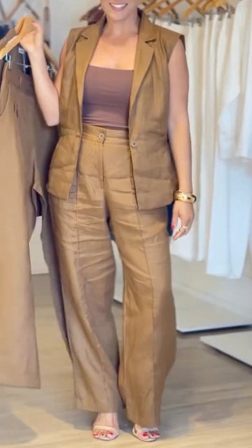 Khaki Sleeveless Blazer Vest Wide Leg Pants Set