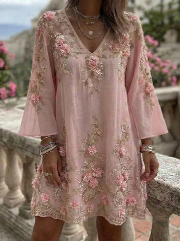 Women's Vintage Pink Rose Embroidery Art V Neck Linen Blend Midi Dress