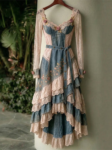 Women's Vintage Spring Flowers Embroidery Patchwork V Neck Irregular Ruffle Midi Dress