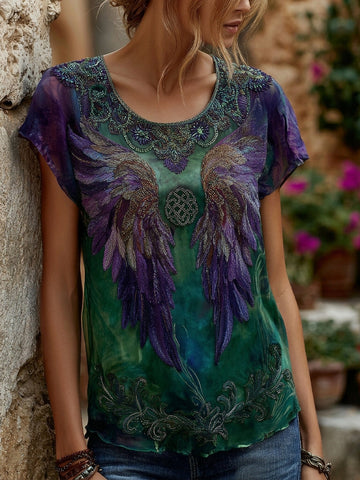 Women's Retro Wings Art Embroidery Short Sleeve T-shirt