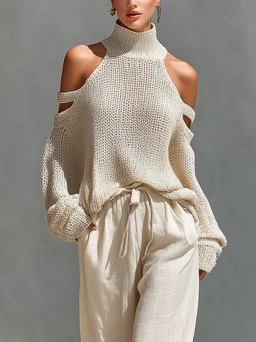 Women’s Beige Openwork Knit Cold Shoulder High Neck Sweater MDZ1262A7T