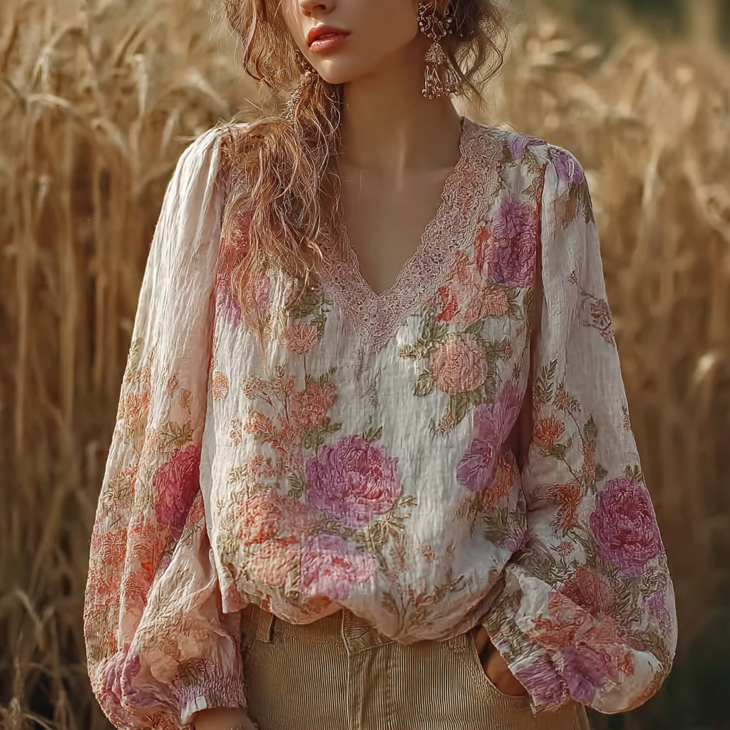 Bohemian Retro Countryside Style Plant Flower Design Cotton And Linen Women's Long-sleeve Shirt1