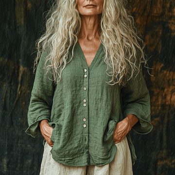 Women's Linen Ethnic Plain-sleeve Shirt