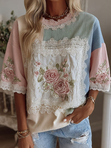 Women's Retro Flower Embroidery Art Patchwork Crew Neck Short Sleeve T-shirt