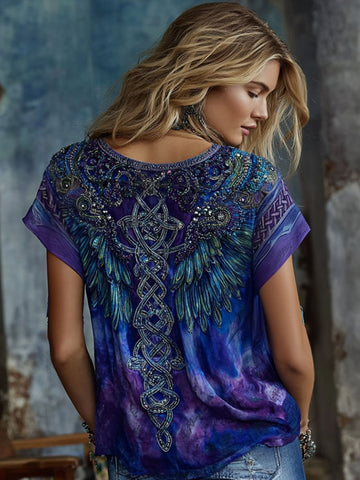 Women's Vintage Wings Floral Pattern Casual Crew Neck T-shirt