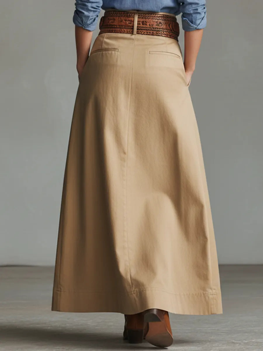 Women's Casual Khaki Cotton Blend A-line Long Skirt (Belt Not Included) MDZ1413D6GMJ
