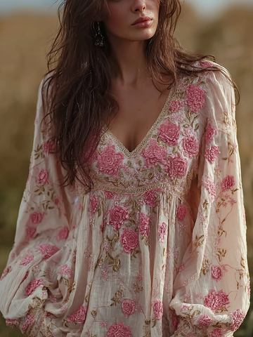 Bohemian Style Pink Floral Design V-neck Long-sleeve Top