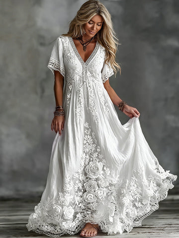 Women's Vintage White Rose Floral Art Linen Blend V Neck Maxi Dress