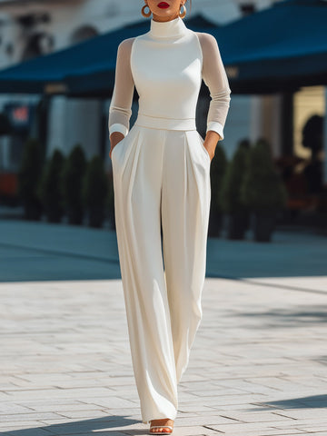High Neck Sheer Sleeve Tailored Wide-Leg Jumpsuit