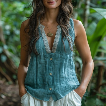 Simple V-neck Sleeveless Shirt, Comfortable And Breathable Linen Top