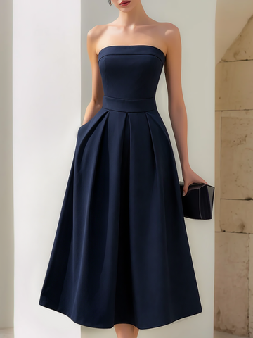 Strapless Structured A-Line Pleated Midi Dress