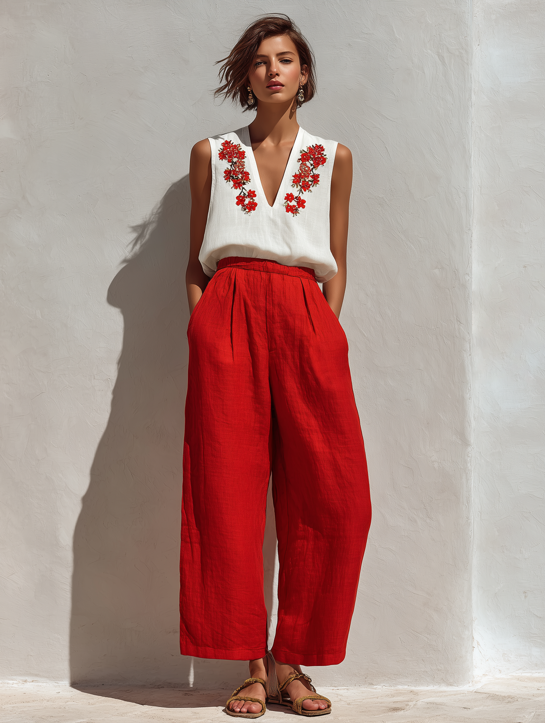 Women’s White Sleeveless Floral Embroidered Linen Top & Red High-Waisted Wide-Leg Pants Two-Piece Set MDZ2803D3T
